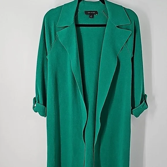 Ann Taylor Green Knee Length Duster Sweater w Rolled Sleeves+Side Slits - Picture 14 of 17